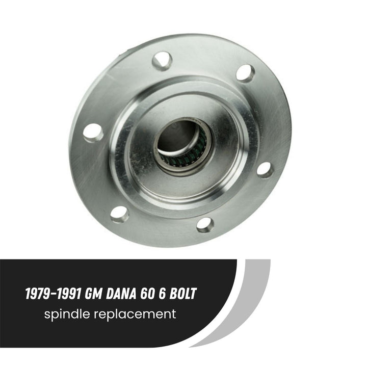 heavy duty gm dana 60 spindle on a white background, labeled for GM Dana 60 6-bolt spindle replacement.
